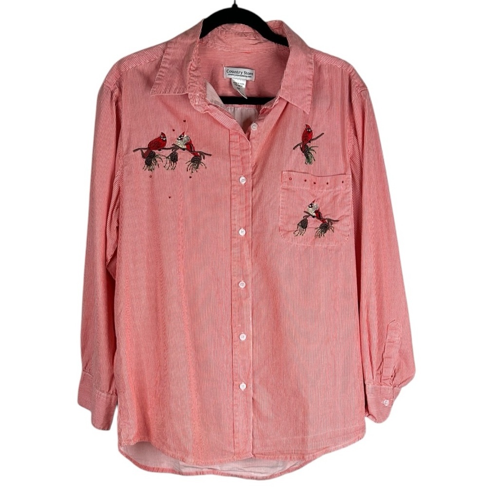 Country Store Red White Stripe 100% Cotton Red Bird Embroidered Button Down Top